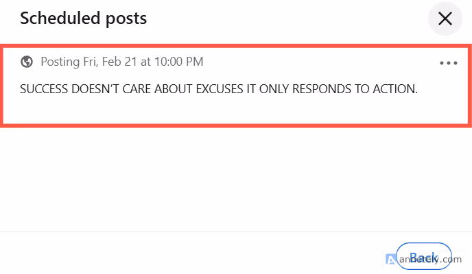 A scheduled post notification is highlighted in a red box, showing the post is set for Friday, February 21st at 10:00 PM