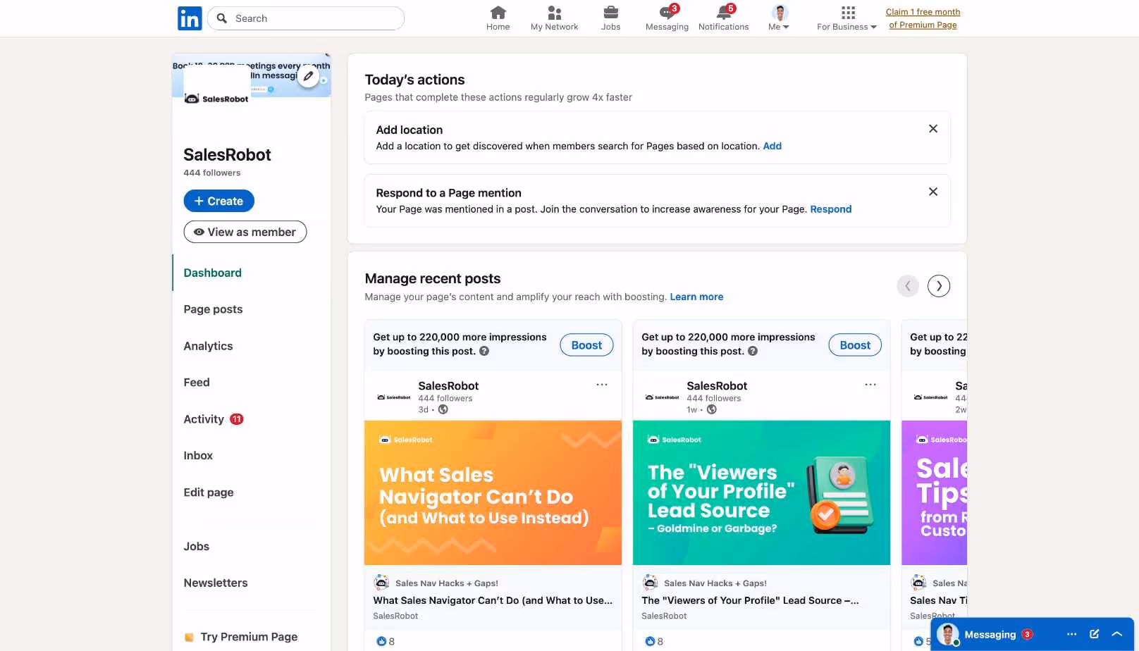 A screenshot of a LinkedIn Page dashboard with prompts to add a website URL and description, and a message indicating no posts in the last 90 days