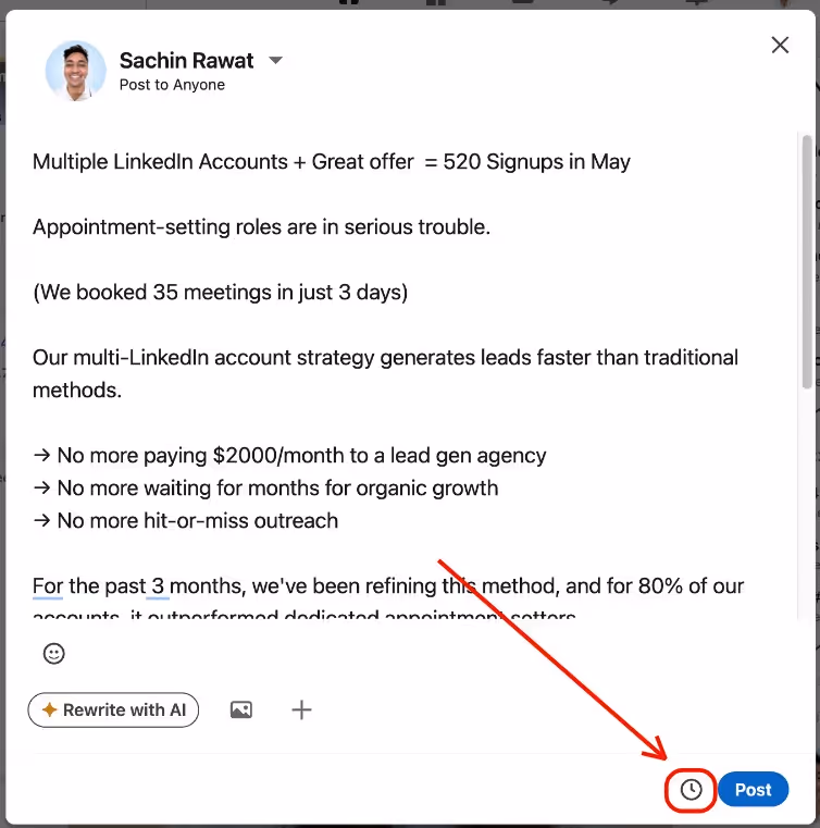 A close-up of a LinkedIn post creation window with a red arrow pointing to the "Post" button