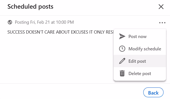 Options to "Post now", "Modify schedule", "Edit post", or "Delete post", with a "Back" button at the bottom