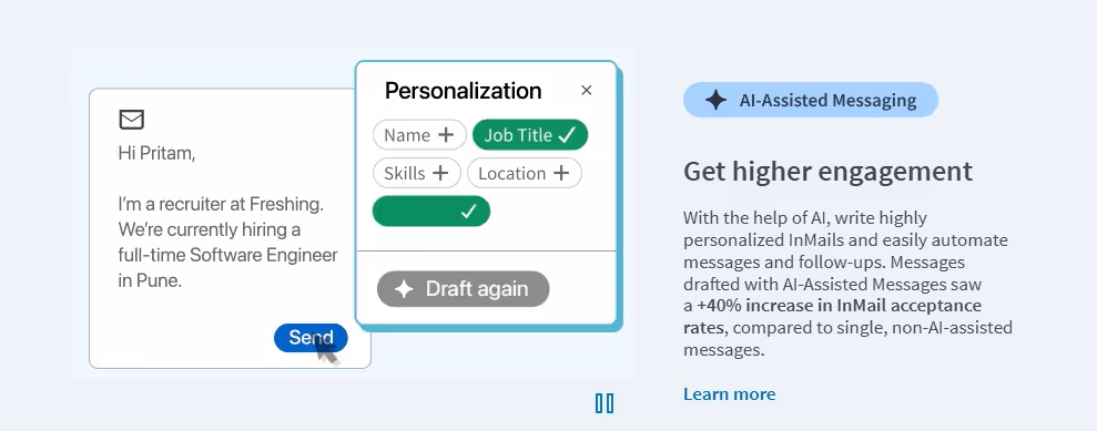 Screenshot of AI-assisted messaging feature in LinkedIn Recruiter.