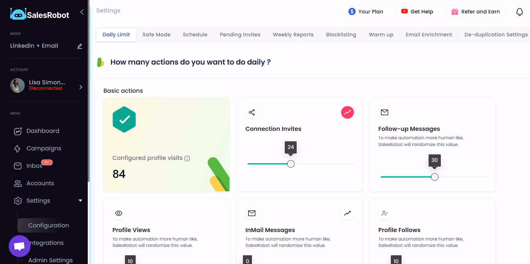A dashboard interface displays settings for a LinkedIn automation tool, showcasing daily limits for various actions like profile visits, connection invites, and follow-up messages, with a sidebar menu for navigation
