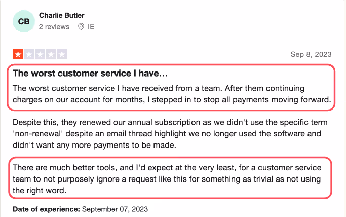 Negative user review for Replyio