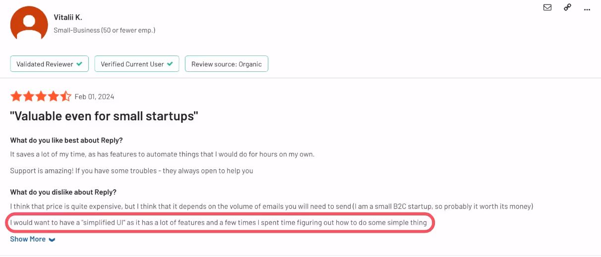 Negative user review for Replyio