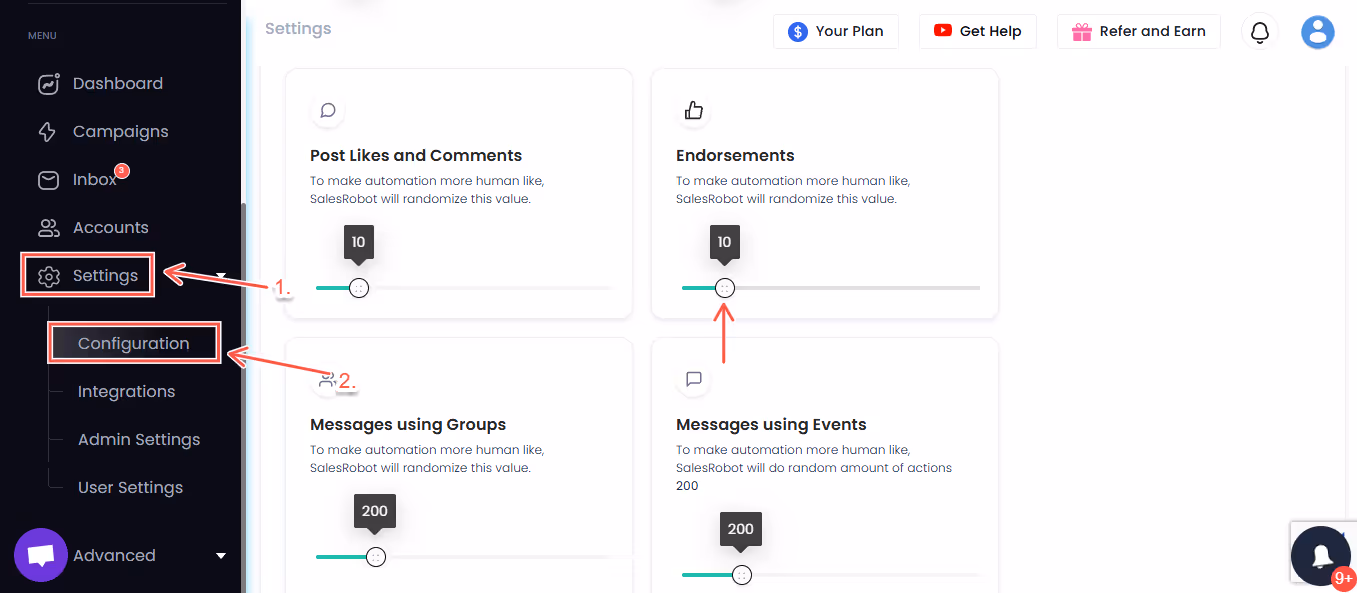 SalesRobot configurations page "Endorsements" option