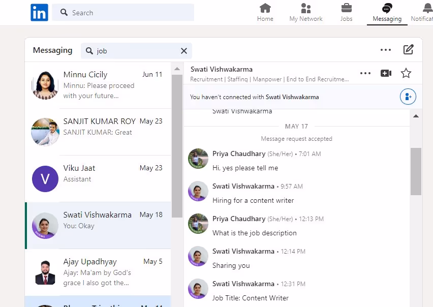 LinkedIn message keyword search