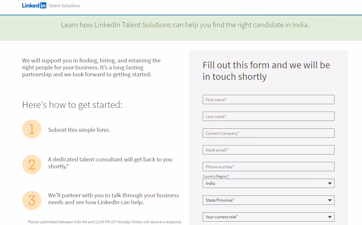 LinkedIn recruiter pricing enquiry form