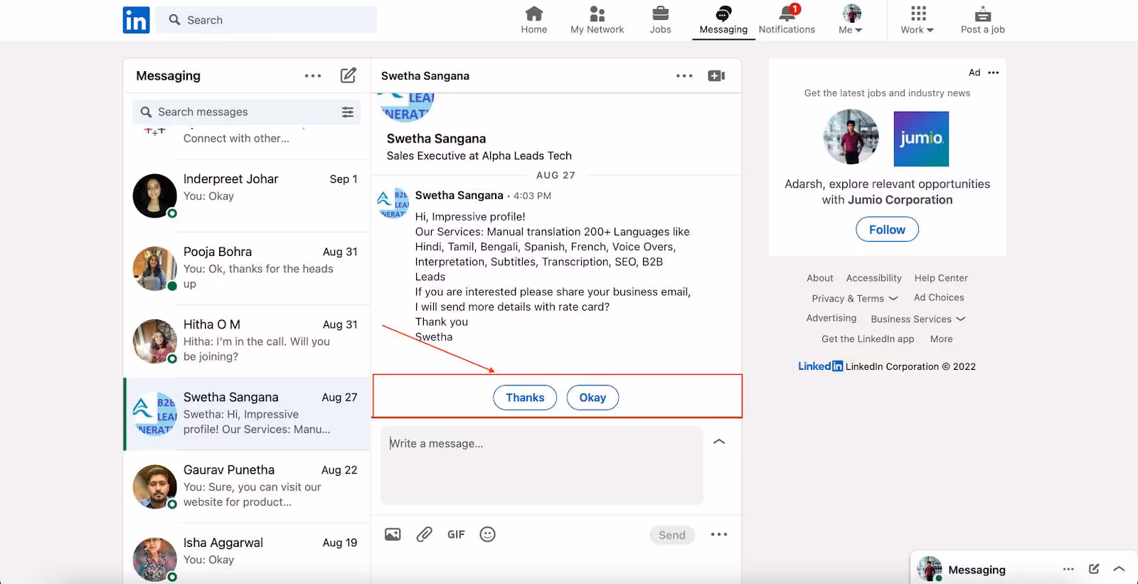 LinkedIn message reply suggestions