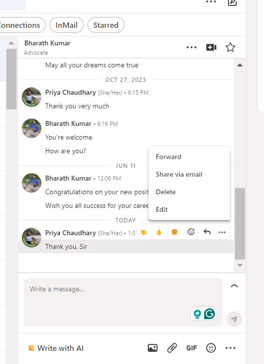 Editing a message on LinkedIn