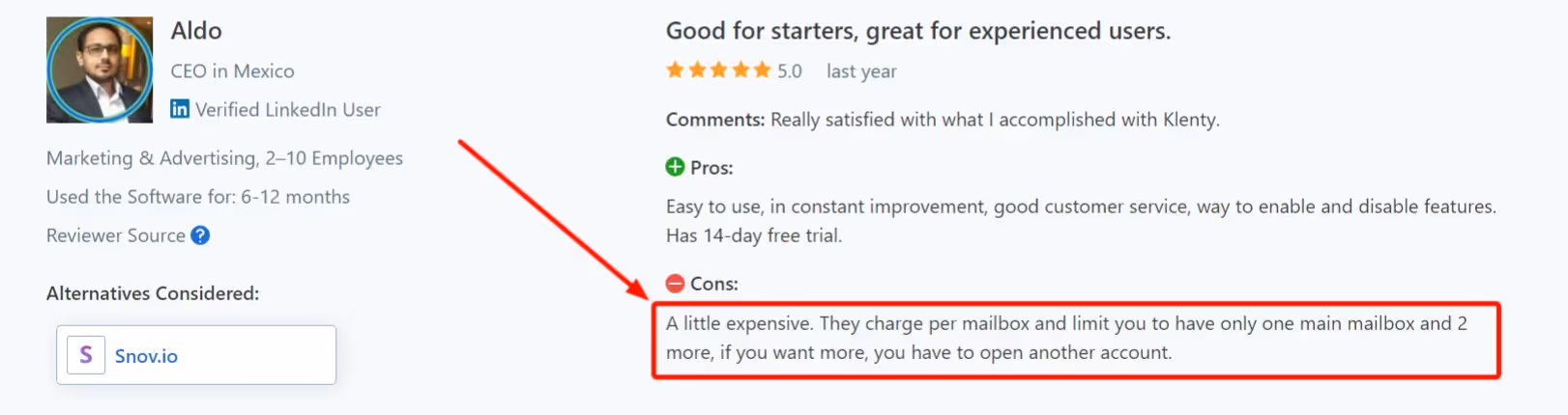 Review highlighting Klenty being expensive