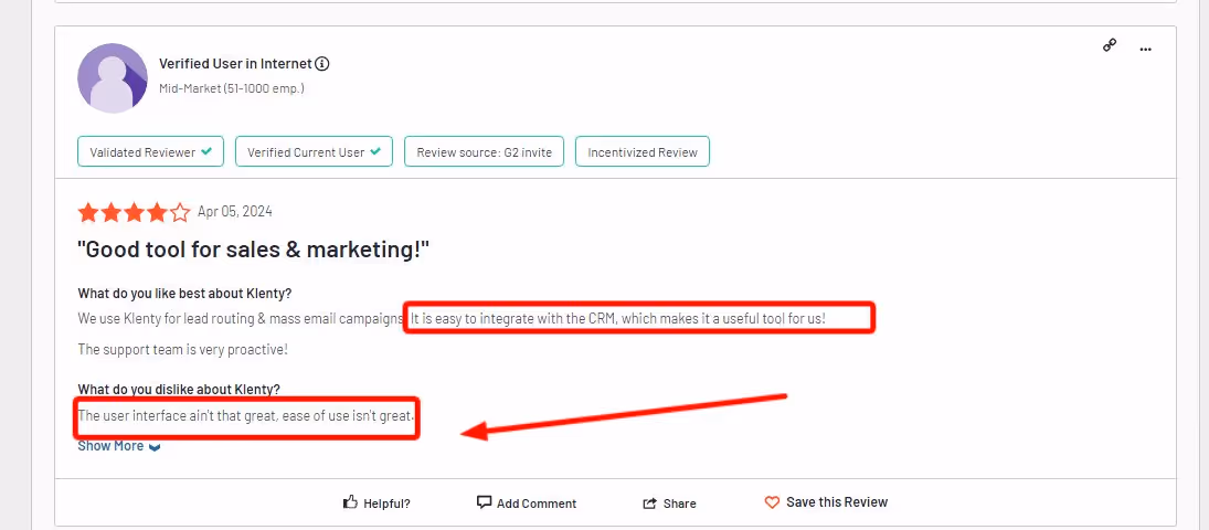 Review of Klenty clunky UI