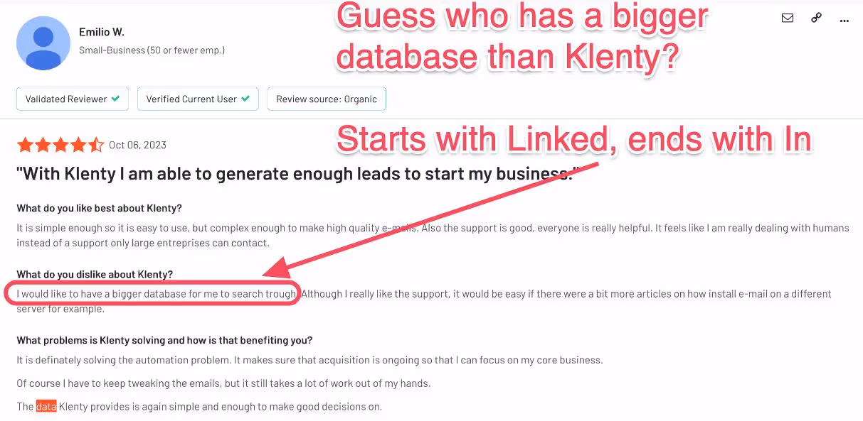 Review highlighting Klenty's poor database
