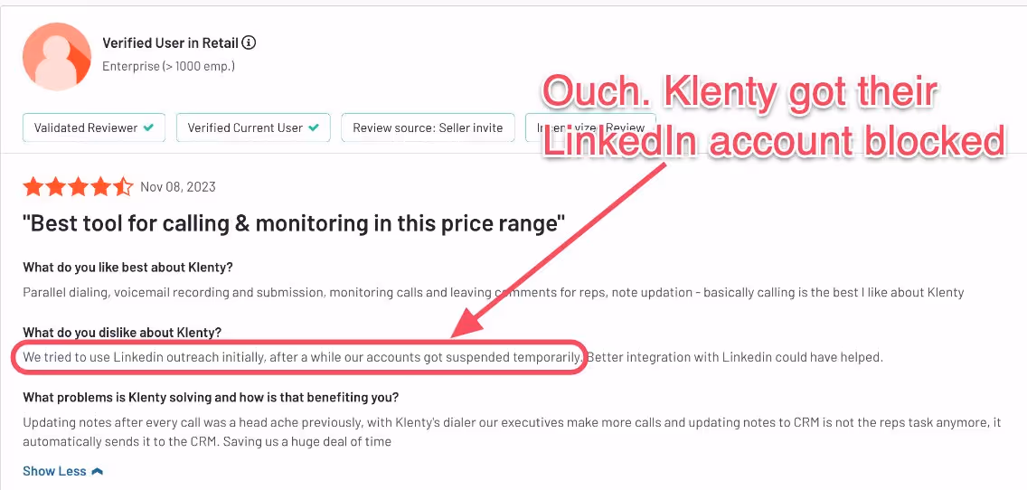 Review highlighting Klenty user's account was blocked