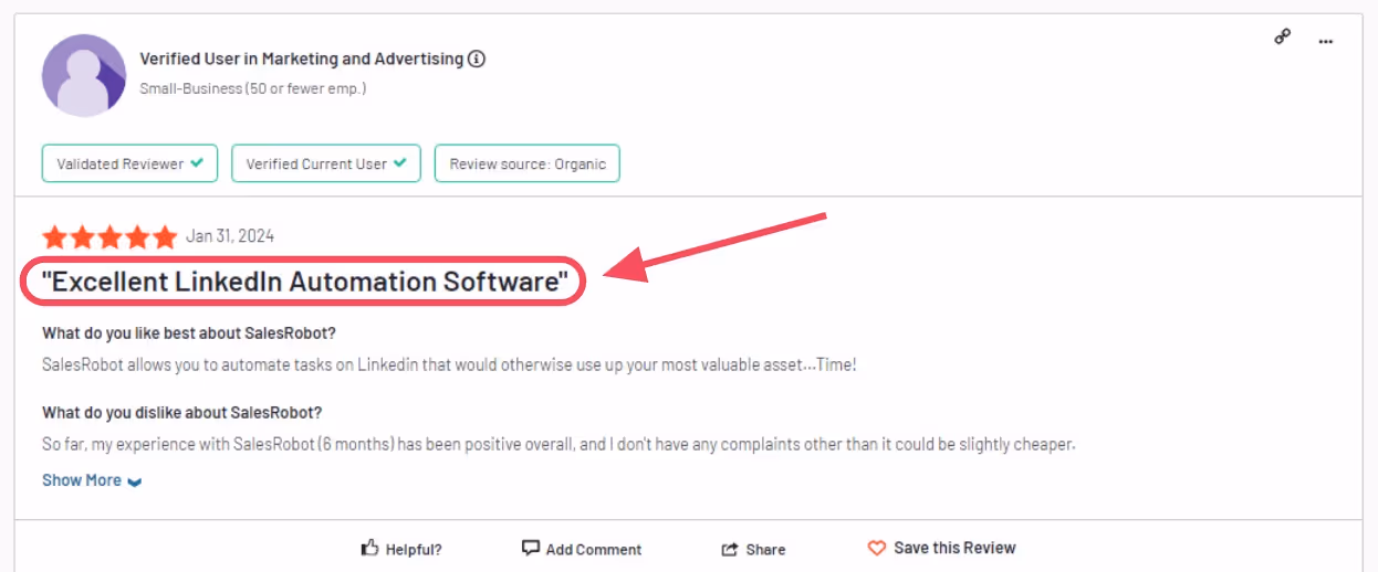 Review highlighting good Salesrobot automation