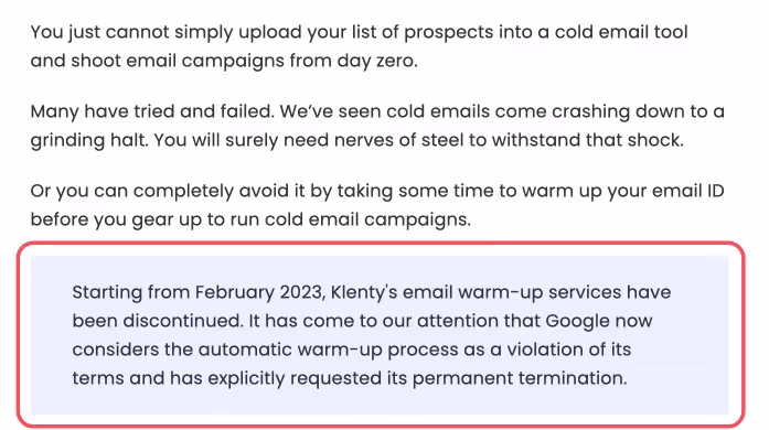 Klenty discontinued warmup feature