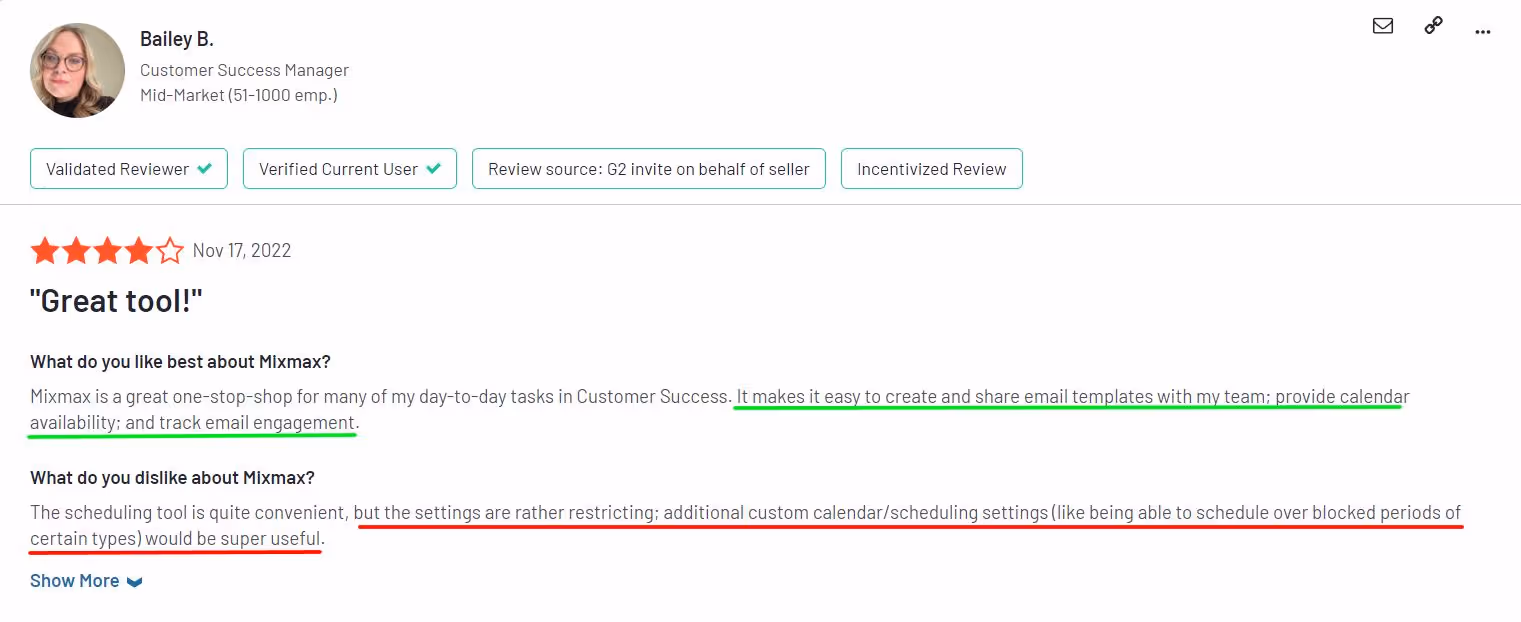 User review of MixMax complaining about restrictive calendar setting feature