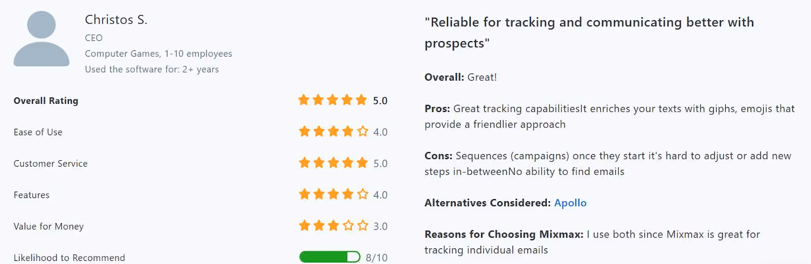 User review of MixMax saying that campaigns are hard to configure they start