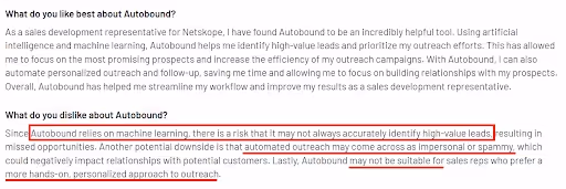 User review of Autobound saying it's Machine Learning capabilities are limited