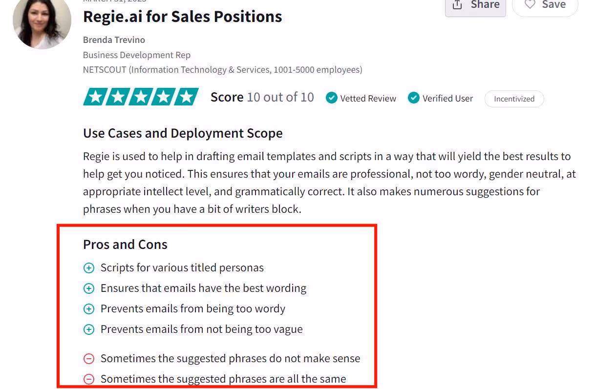 Trustpilot review of Regie.ai