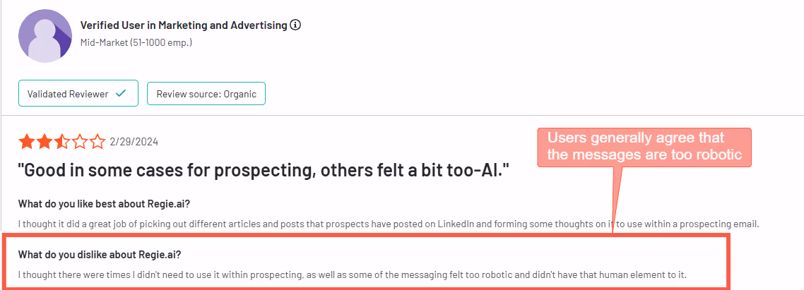 regie ai review about generic messages