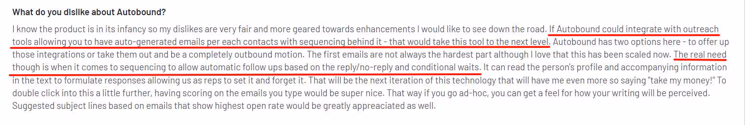User review of Autobound complaining about its lack of message sequencing