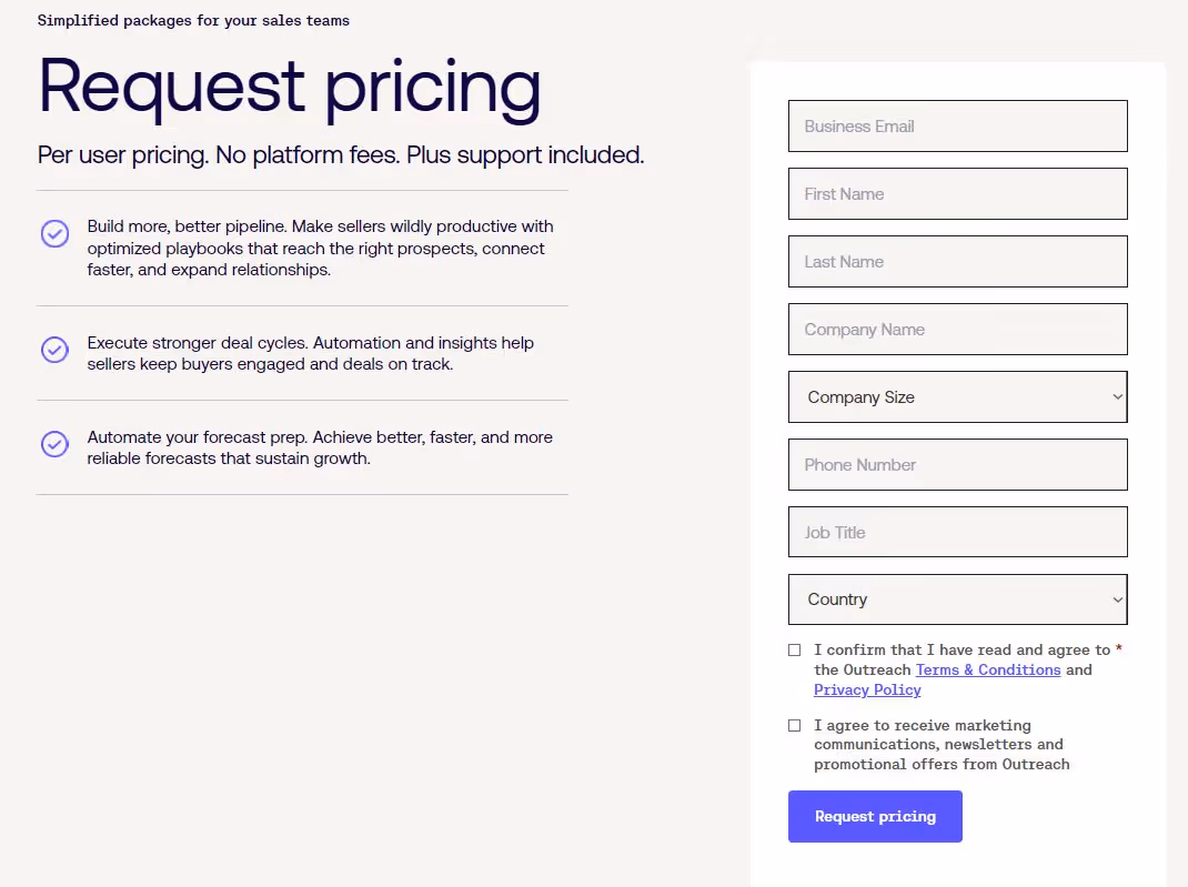 Request pricing page for Outreach.io