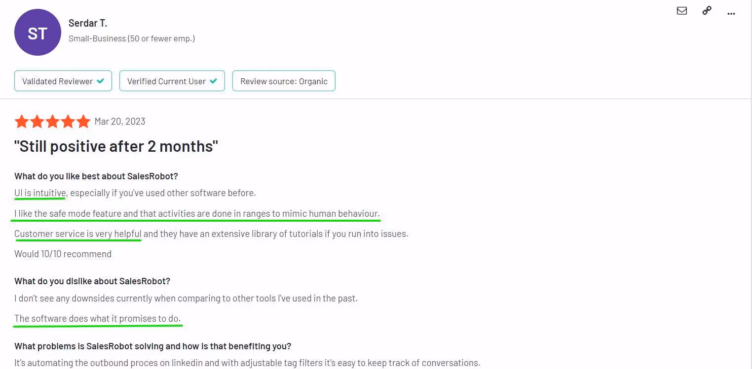 Positive customer review of Salesrobot