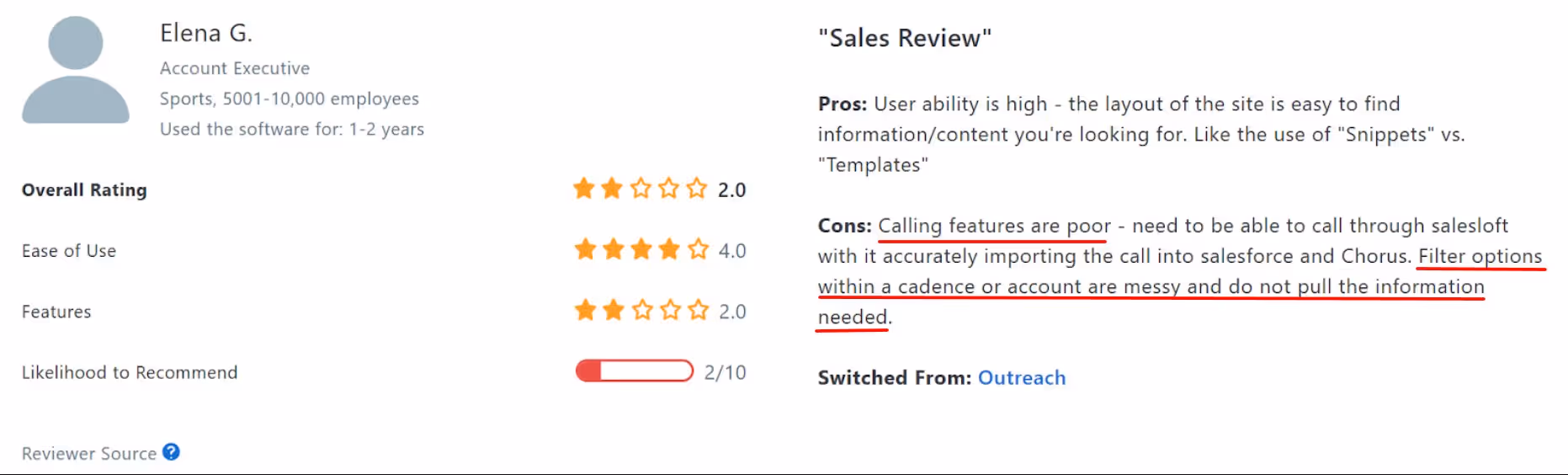 User review of Salesloft saying the calling feature falls short