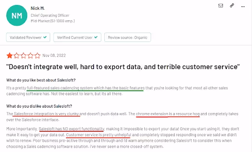 User review of Salesloft saying the platform has issues with integrations
