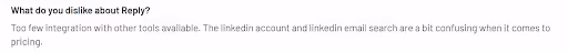 User review of Reply.io saying the add-ons are expensive