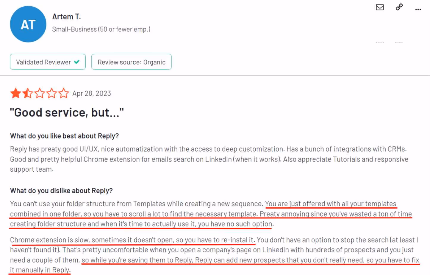 User review of Reply.io saying running a campaign is complex