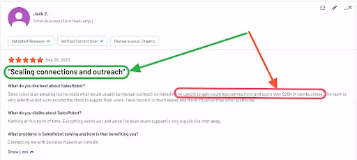 User review of Salesrobot saying it got them a new lead