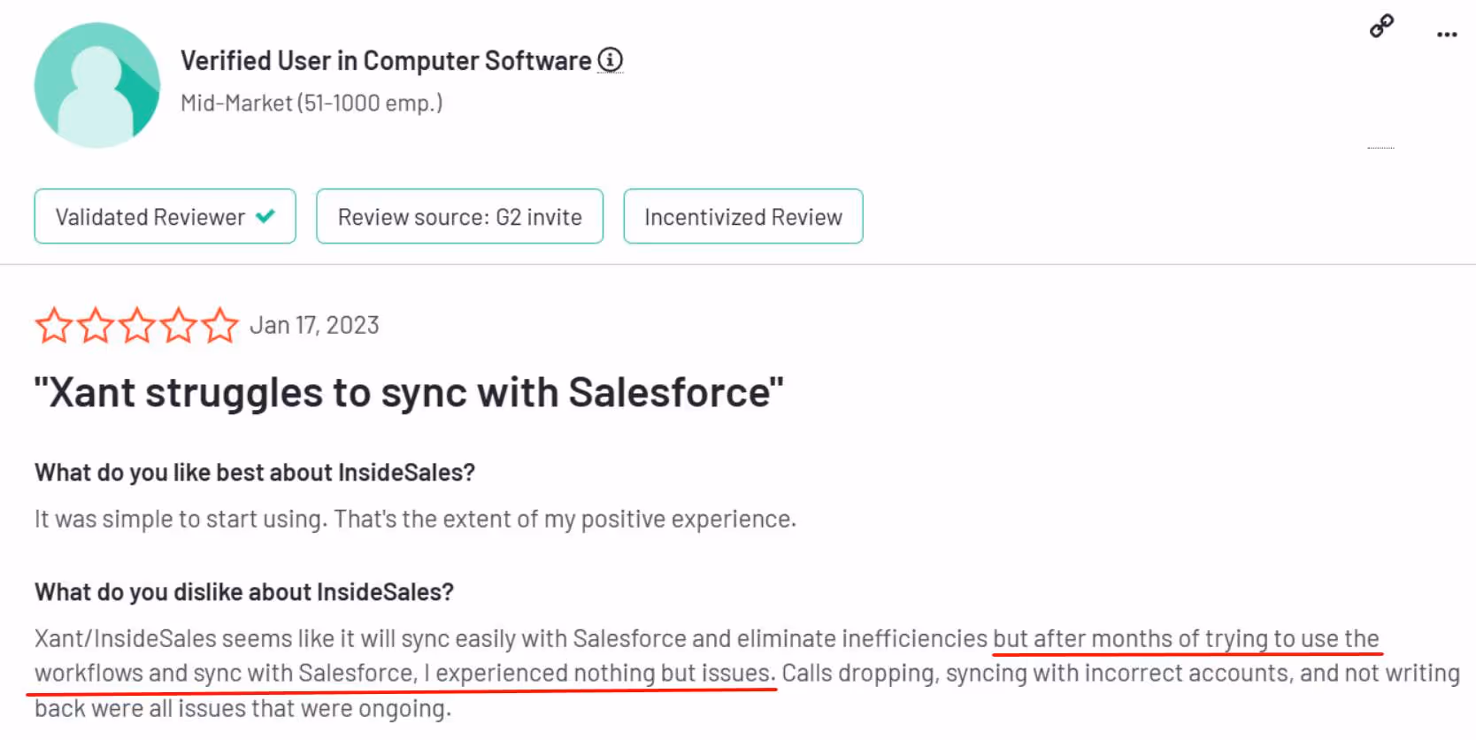 User review of InsideSales saying it has problems integrating with Salesforce