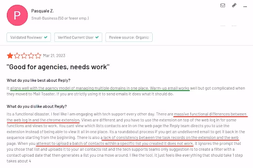 User review of Reply.io saying lead lists don't import properly