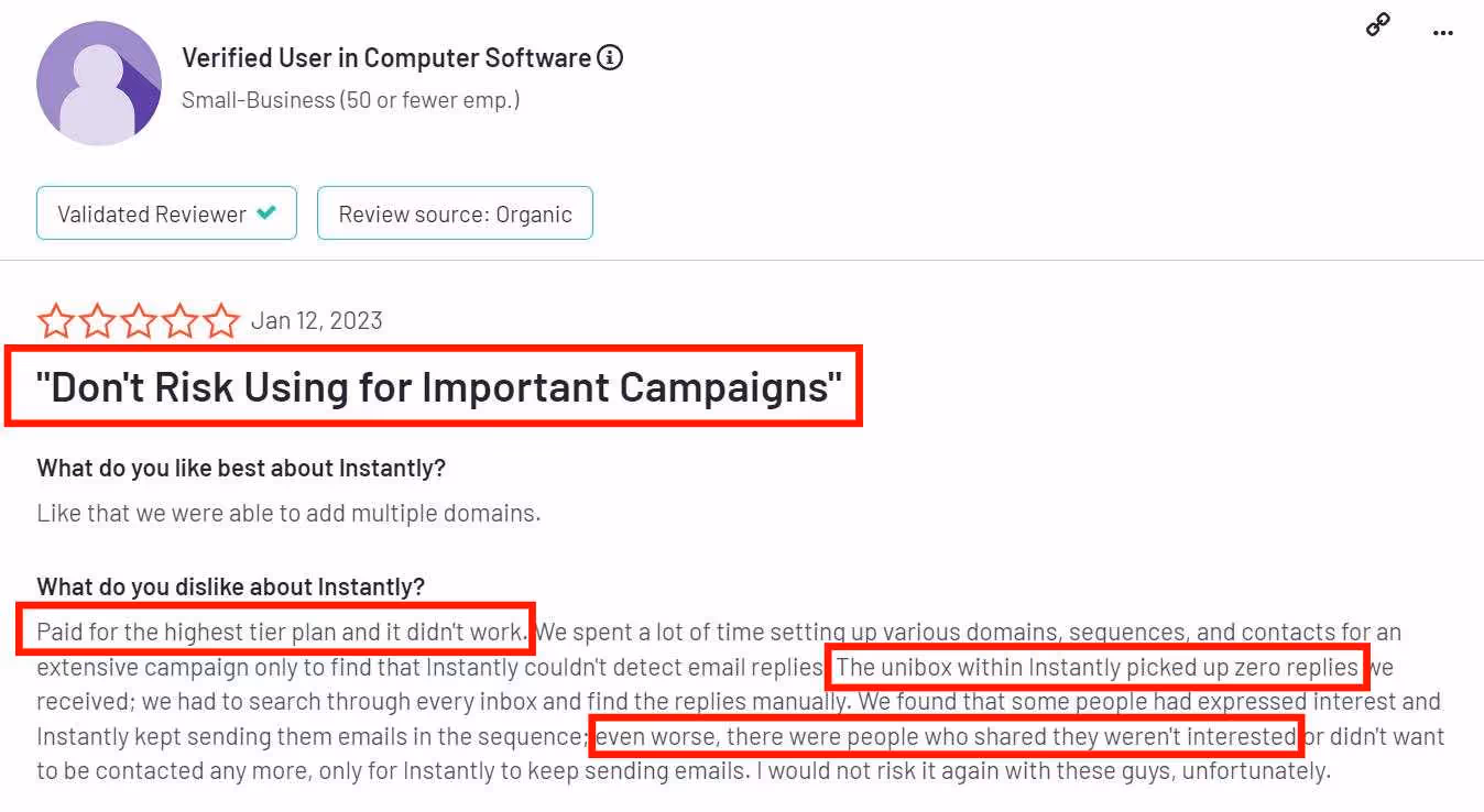 Bad review of Instantly about not being fit for running campaigns.