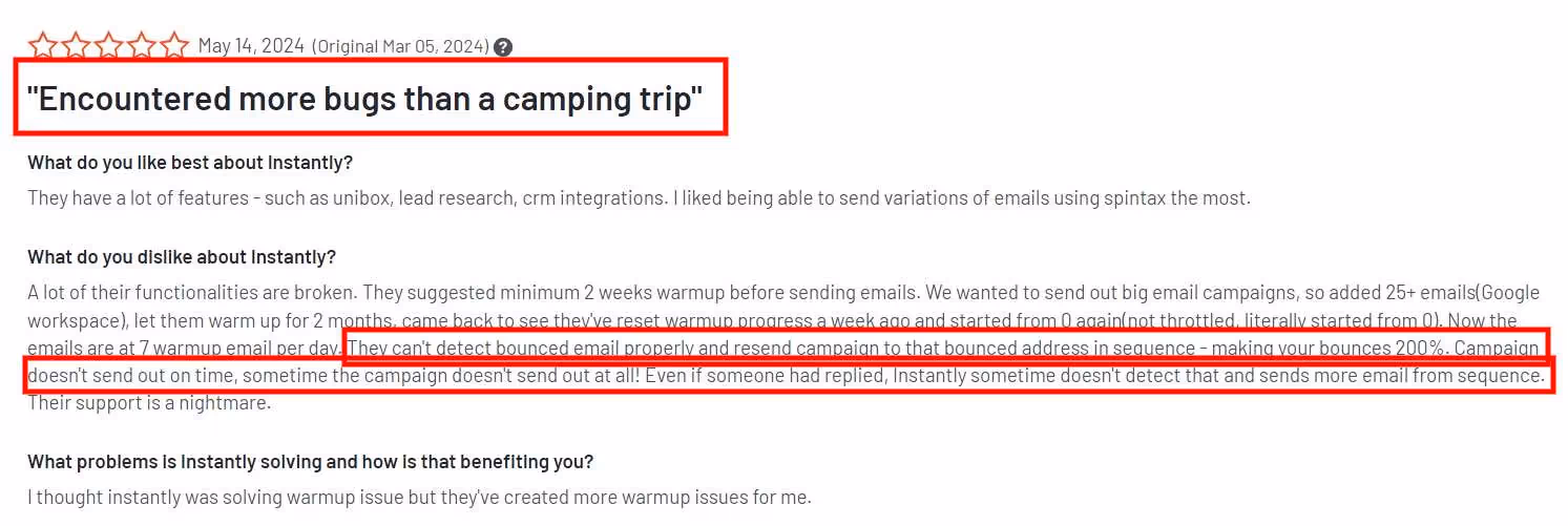Bad review of Instantly complaining about software bugs.