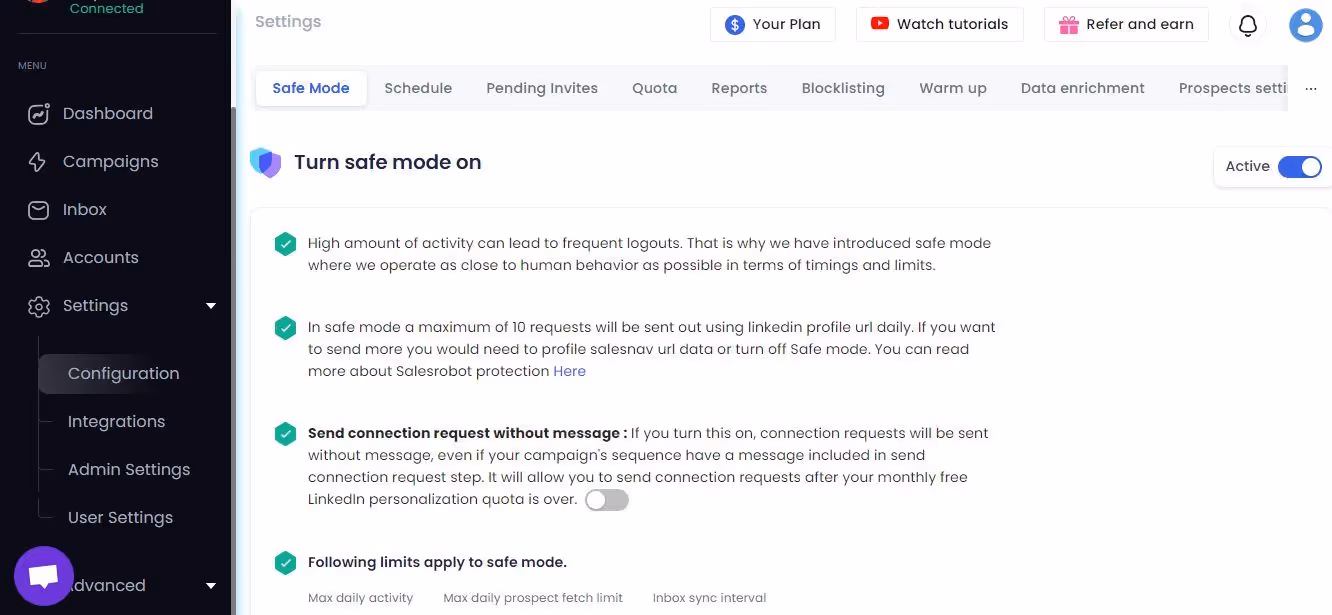 Safe mode in SalesRobot