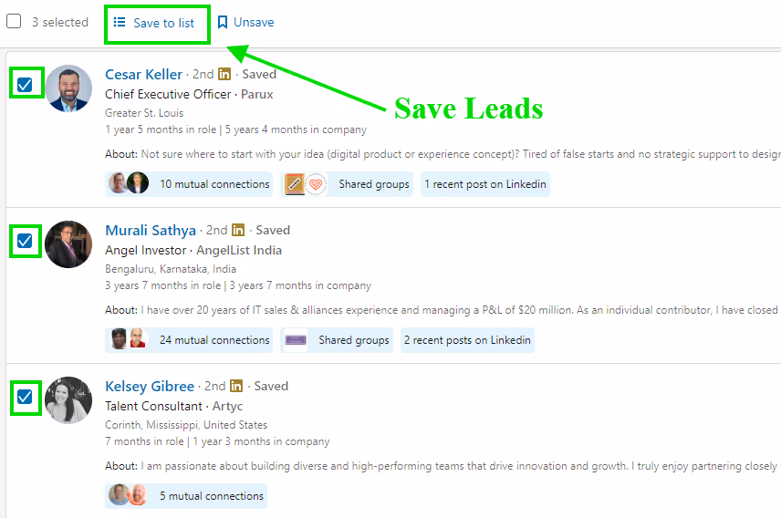 save leads, linkedin homepage