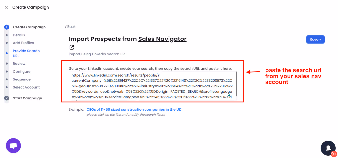 Paste your Sales Nav search URL