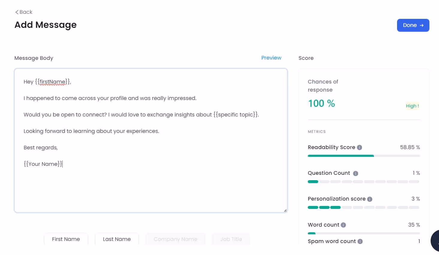 SalesRobot campaign message creation and score