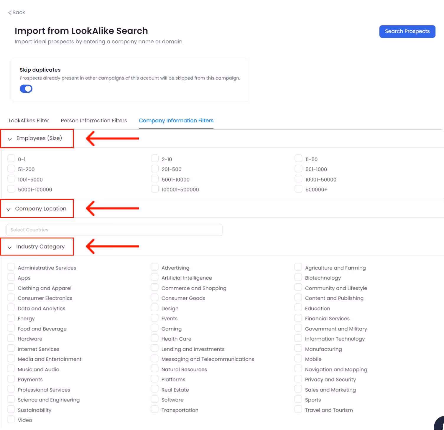 SalesRobot campaign import from lookalike search company information filter