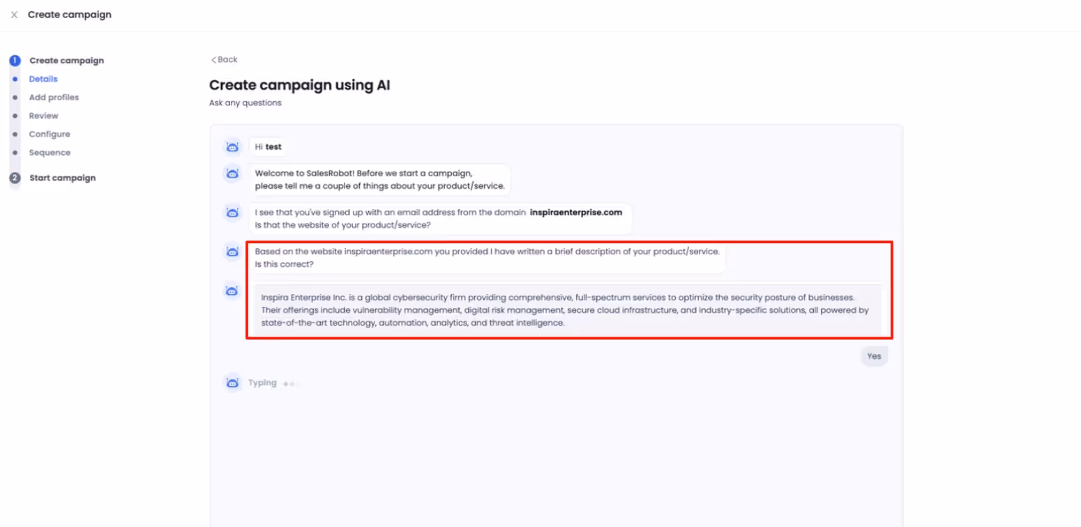 Salesrobot AI SalesGPT generates a description of your product and service.