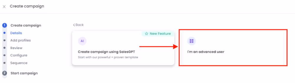 Button to select advanced user.