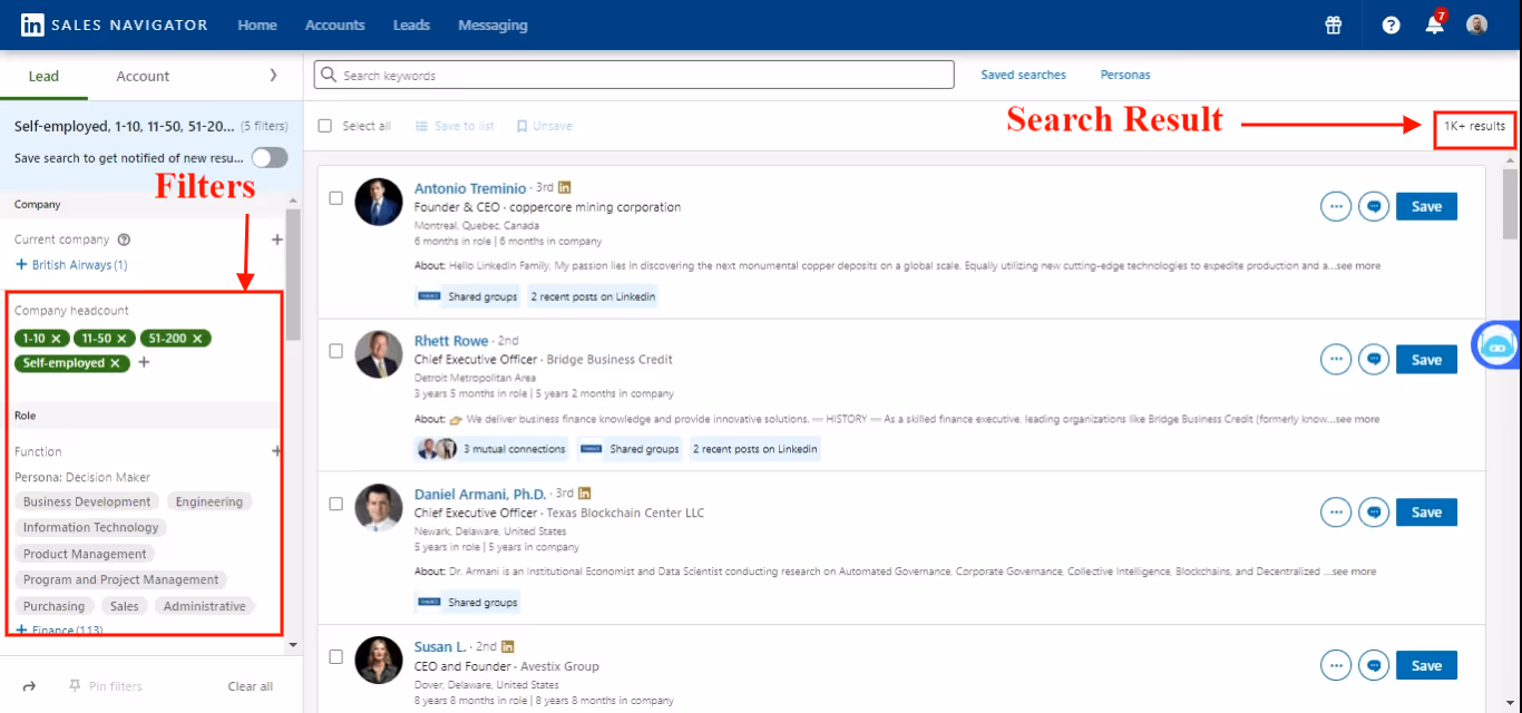 The sales navigator search result page.