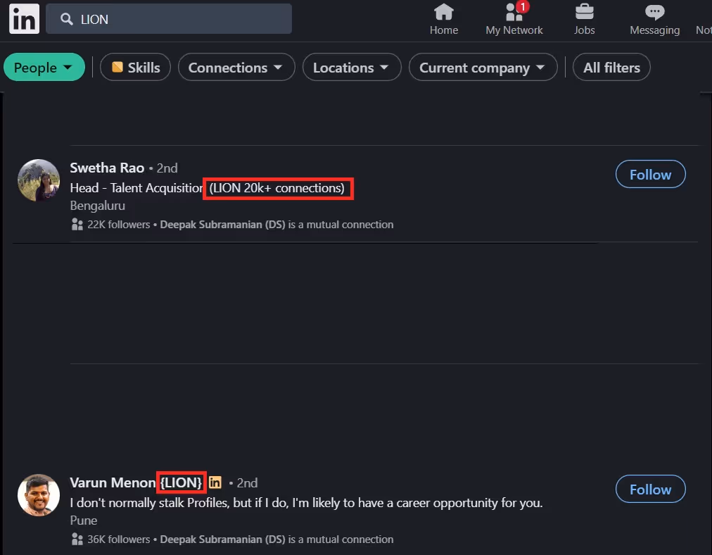 LinkedIn LIONs search page 