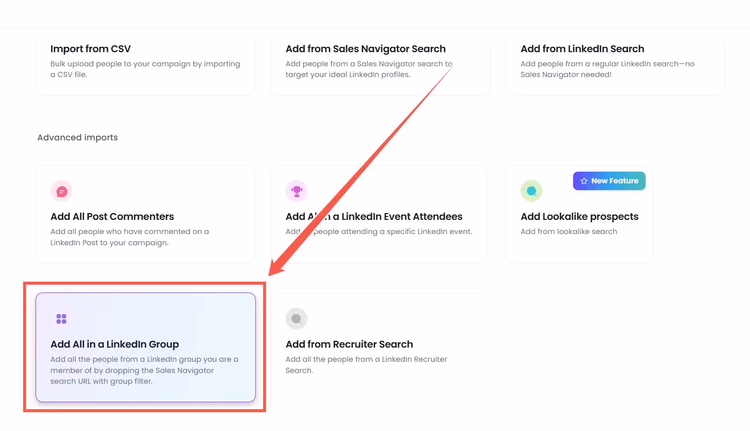A screenshot of SalesRobot software showing options to add people to a campaign
