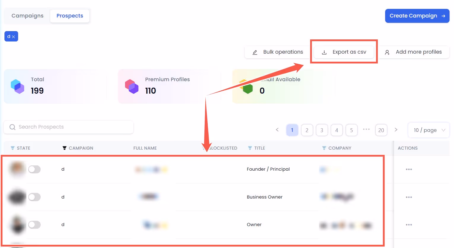 Screenshot of a prospect list with options to export as CSV and add more profiles.