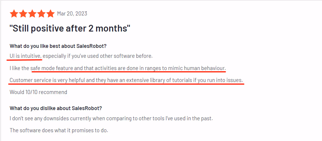 Positive customer review of Salesrobot 