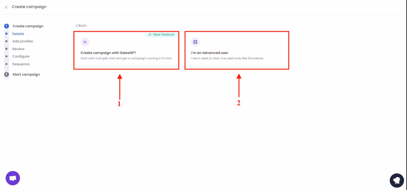 the 2 option to run a campiagn in Salesrobot.
