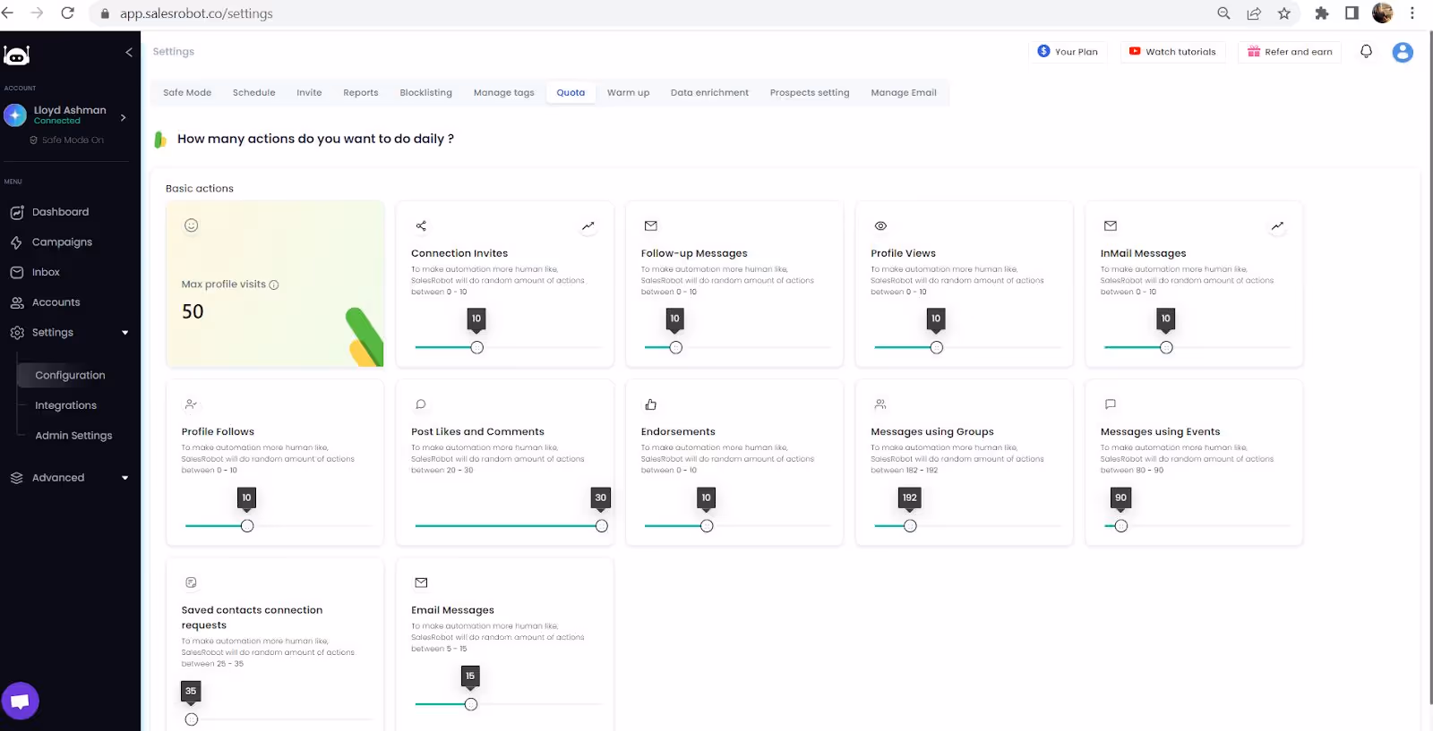 Salesrobot automation features screenshot